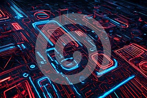 Technology-themed abstract background featuring blue and red lines. High-end tech wallpaper design showcasing dynamic lines and a photo