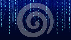 Technology vector binary code. Random falling digits on screen. Hacked software. Matrix sciense background. Big data analytics