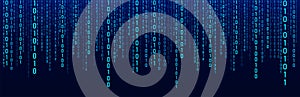 Technology vector binary code. Random falling digits on screen. Hacked software. Matrix sciense background. Big data analytics