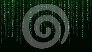 Technology vector binary code. Random falling digits on screen. Hacked software. Matrix sciense background. Big data analytics