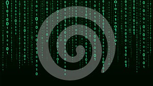 Technology vector binary code. Random falling digits on screen. Hacked software. Matrix sciense background. Big data analytics