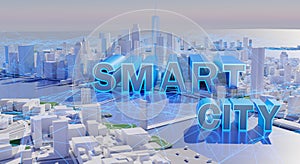 Technology wireless network communication smart city with architecture banner technology. 3d rendering. 3d rendering