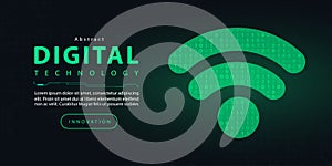 Technology wireless Wi-Fi digital futuristic internet network connection dark black background, green abstract cyber