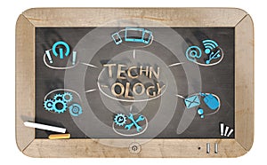 `technology` word with 3D icons on slate chalkboard