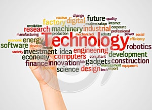 Technology word cloud and hand with marker concept