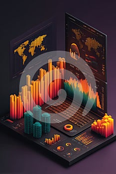 Technology workspace with digital visualizations and bar chart analytics