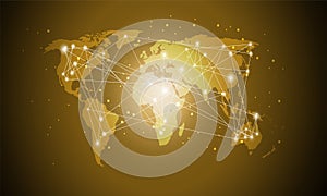 Technology World Map, Global Media Transfer, Golden Gradient, Connection Concept Digital Network Design For Website