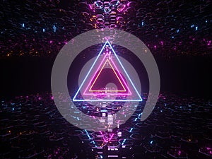 Techology Concept Neon Glowing Purple Blue. Vibrant Sci Fi Futuristic Construction Triangle