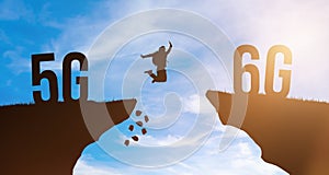 Techonology change from 5G to 6G, global wireless network. Silhouette man jumping from cliff to cliff on sky background