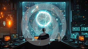 A techsavvy financial advisor meets with a client in their futuristic office. Holographic projections display the photo