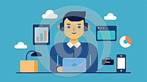 A techsavvy remote worker using a smartphone and wireless headset for communication surrounded by hightech gadgets and a