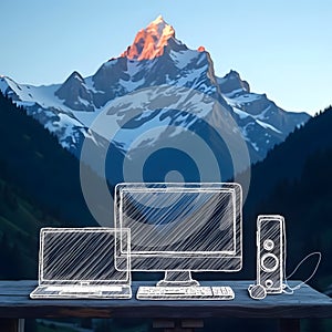 Techscape Stunning Sketch-Style Image of Technology Against Mountain Backdrop with Double Exposure photo