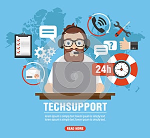 Techsupport concept. Operator call center, customer service modern design flat banner