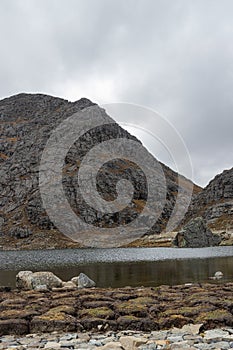 Tecllo Lagoon in the cloudy morning, surrounded by mountains and rocks, located in Shupluy