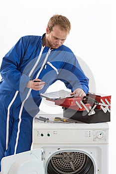 Tecnician fixing a washing machine photo