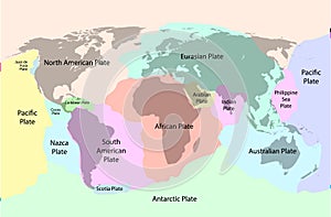 Tectonic plate earth map. Continental ocean pacific, volcano lithosphere geography plates photo