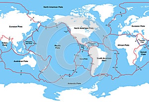 Tectonic plates on Earth\'s surface, centered by America continent