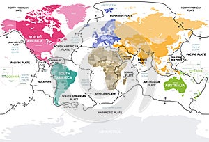 Tectonic plates on Earth\'s surface. World map with names of countries, continents, oceans, main seas and lakes