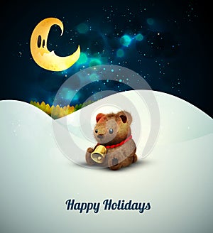 Teddy Bear alone in the snow under moonlight