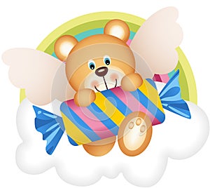 Teddy bear angel with candy on the cloud