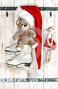 Teddy Bear, angel and Red Santas hat with white ice skates