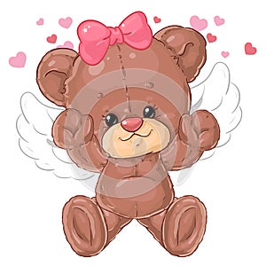 Teddy bear angel with wings. Cute children`s character.