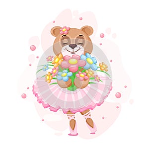 Teddy bear ballerina in a tutu with a bouquet of flowers