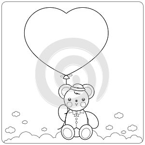 Teddy bear and balloon. Baby teddy bear holding a heart shaped balloon in the sky. Vector black and white coloring page.