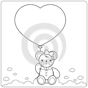 Teddy bear and balloon. Baby teddy bear plush toy holding a heart shaped balloon in the sky. Vector illustration