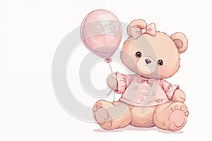 Teddy bear with balloon , Cute baby bear girl. illustration isolated on white background. Baby shower, greeting card