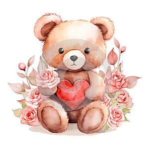 Teddy bear with balloons and gifts watercolor clipart isolated on transparent background