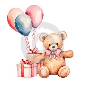 Teddy bear with balloons and gifts watercolor clipart isolated on transparent background