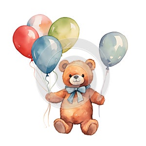 Teddy bear with balloons watercolor clipart isolated on transparent background