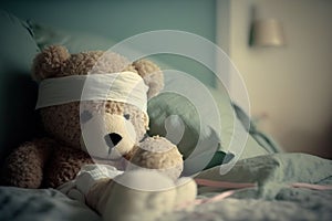 Teddy bear with bandage laying in bed being ill, created with Generative AI technology