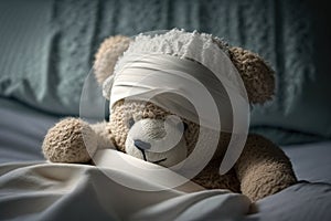 Teddy bear with bandage laying in bed being ill, created with Generative AI technology