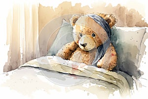 Teddy bear with bandage laying in bed being ill, created with Generative AI technology