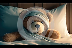 Teddy Bear with Bandage Resting Peacefully in Bed, Symbolizing Healing and Support, created with Generative AI