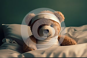 Teddy Bear with Bandage Resting Peacefully in Bed, Symbolizing Healing and Support, created with Generative AI