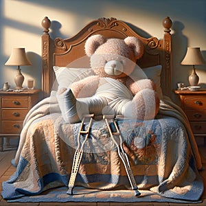 Teddy Bear In Bed With Leg In a Cast