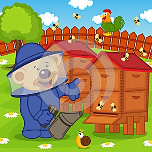 Teddy bear beekeeper keeps bee smoker