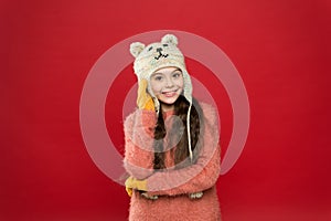 Teddy bear. Being cute bear. Winter outfit. Little kid wear knitted hat. Stay warm. Little girl winter fashion accessory