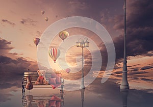 A Teddy bear on a  bench with pillows and violine, Sanet dramatic  sunset light  with air ballons and reflection, Wallpaper