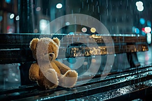 Teddy Bear on Bench Under Rain