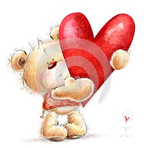 Teddy bear with the big red heart.Childish illust