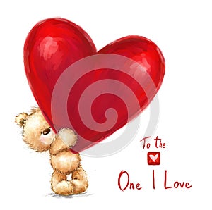 Teddy bear with the big red heart isolated on white background. St. Valentines day greeting card. Love illustration design.