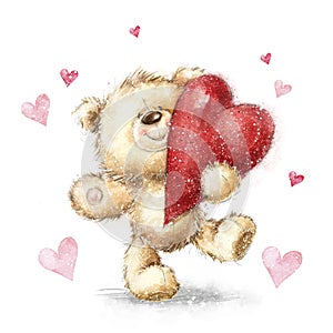 Teddy bear with big red heart.Valentines greeting card. Love design.