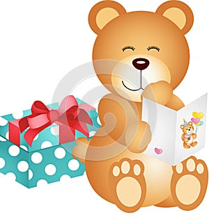 Teddy bear with birthday card and gift