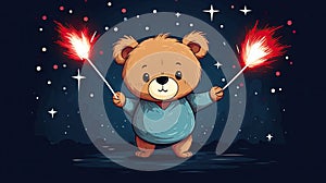 teddy bear in a blue sweater with sparklers in its paws, starry background, banner, copy space