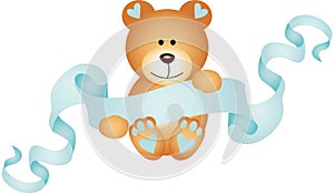 Teddy bear boy holding a blue ribbon banner