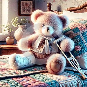 Teddy Bear With A Broken Leg Sitting On a Bed Quilt